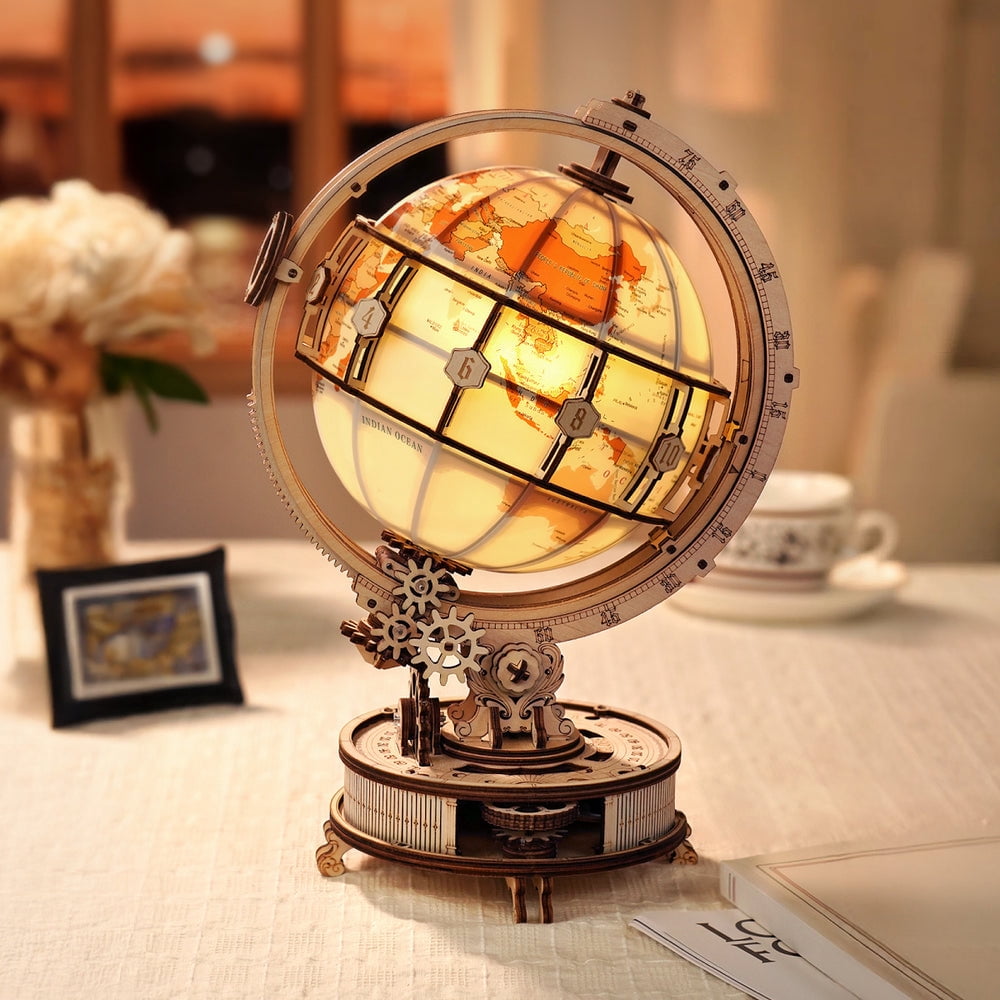 ROKR Luminous Globe 3D Wooden Puzzle for Adults, Electric Rotating Illuminated Globe with Stand, 180-Piece DIY Model Building Kit with LED Light, Home Office Desk Decor Birthday Gift