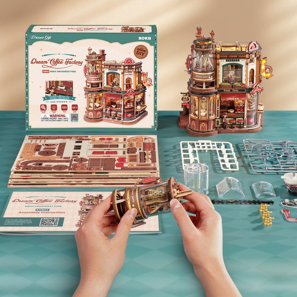 ROKR Dream Coffee Factory Music Box Wooden 3D Puzzle for Adult, LED Lights & Music Building Mechanical Model Kits Home Decor Xmas Gift