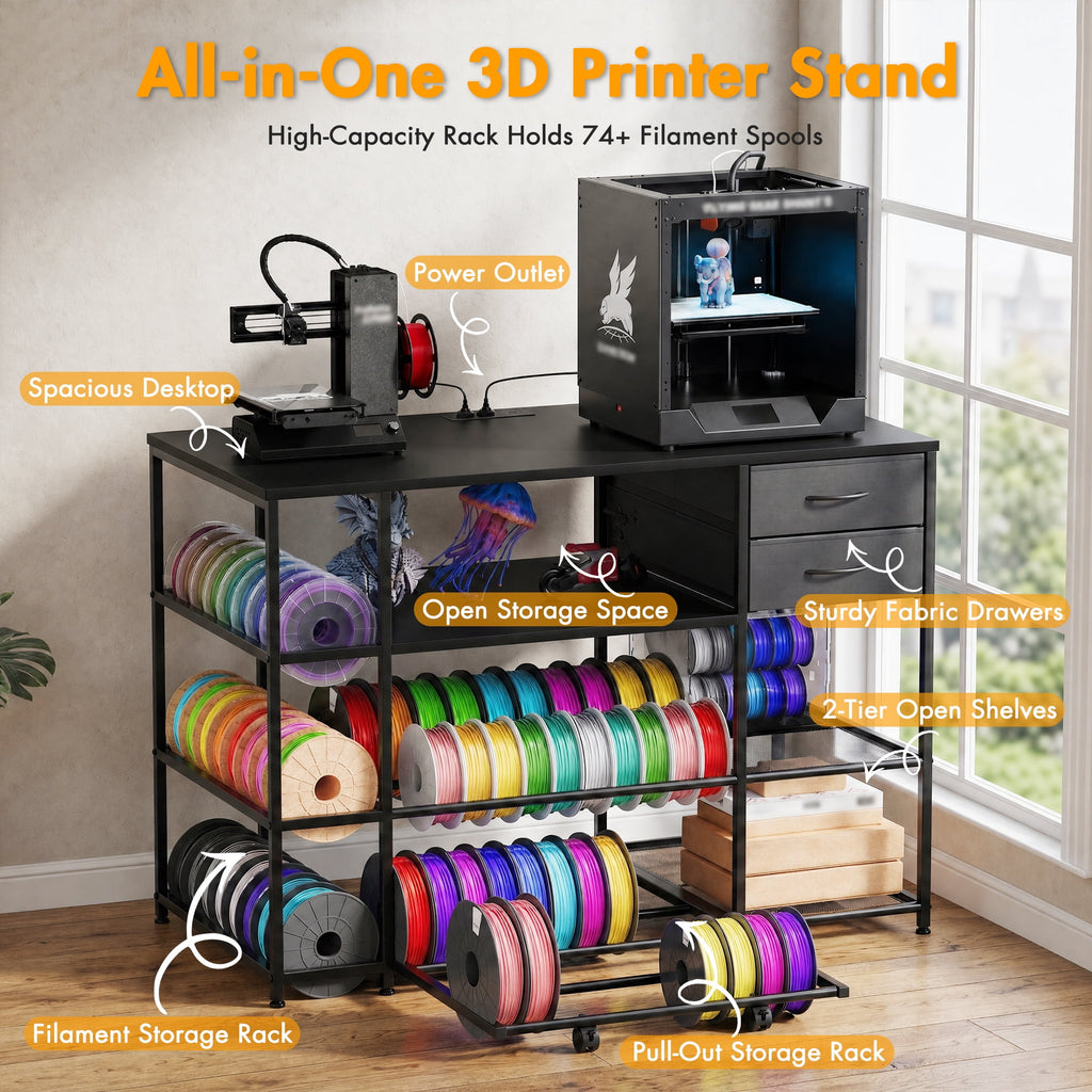 Advwin 47" Heavy Duty 3D Printer Stand with Power Outlet, Pull-Out Rolling Filament Storage Rack, 2 Fabric Drawers & Open Shelves, 3D Printer Table Workstation for Home Office Studio, Black