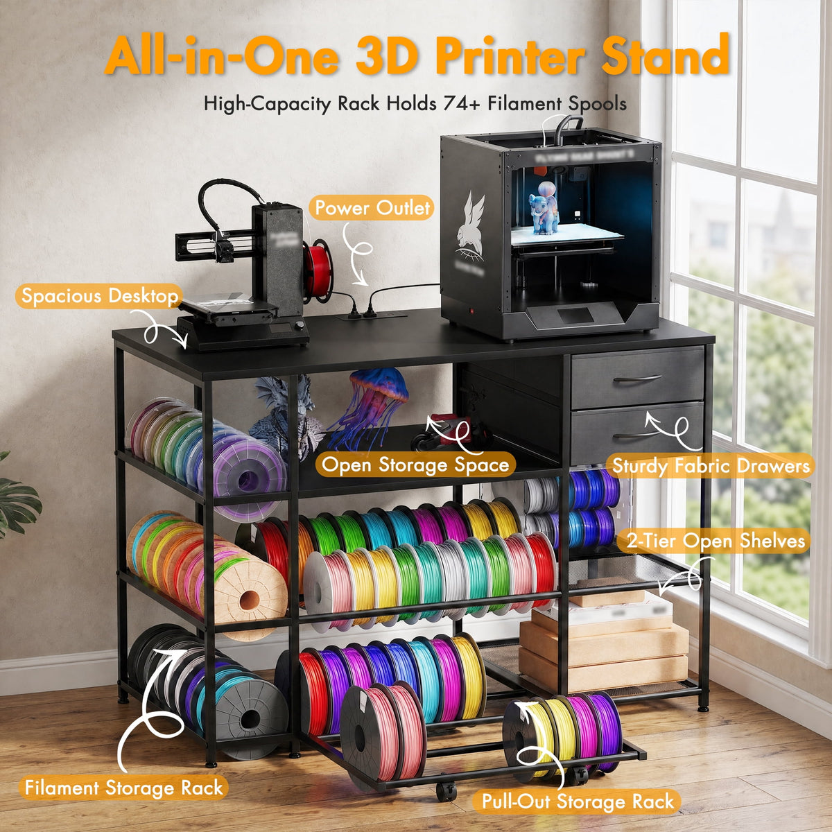 Advwin 47" Heavy Duty 3D Printer Stand with Power Outlet, Pull-Out Rolling Filament Storage Rack, 2 Fabric Drawers & Open Shelves, 3D Printer Table Workstation for Home Office Studio, Black