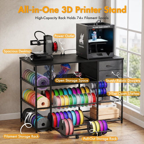 Advwin 47" Heavy Duty 3D Printer Stand with Power Outlet, Pull-Out Rolling Filament Storage Rack, 2 Fabric Drawers & Open Shelves, 3D Printer Table Workstation for Home Office Studio, Black