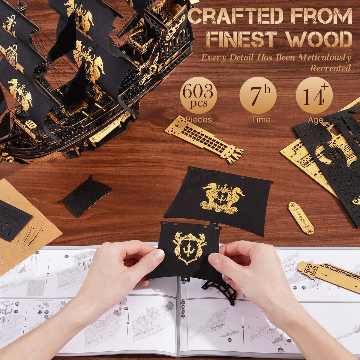 Robotime Seahorse 3D Wooden Puzzles for Adults , 603-piece Black Sailing Ship Model Building Kit