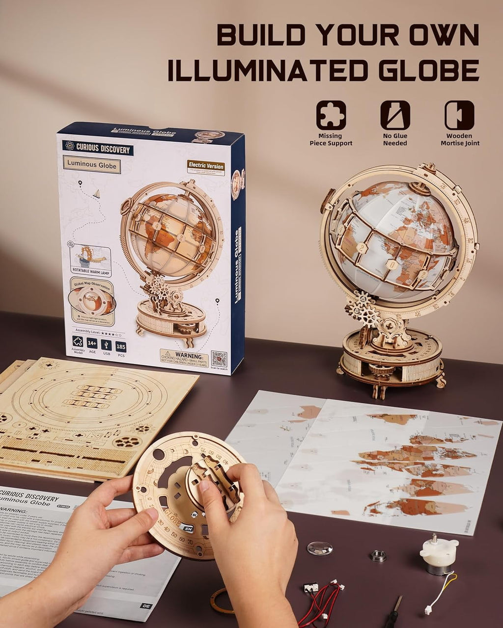 Robotime Illuminated Rotating Globe Wood 3D Puzzle with Night Light, Creative Gift For Adults & Teens 14+, 185 Pieces