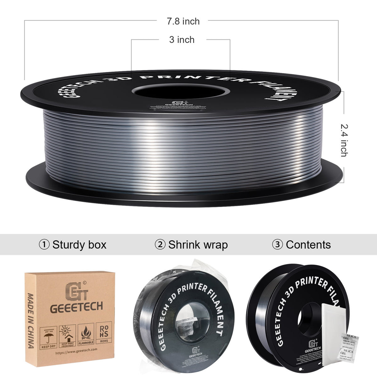 Geeetech 3D Printer PLA Filament Silk Sky Blue Toughness Enhanced Filament with 1.75mm Dimensional Accuracy +/-0.03mm, 1080 Feet per Roll, Vacuum Packaging for Most 3D FDM Printer