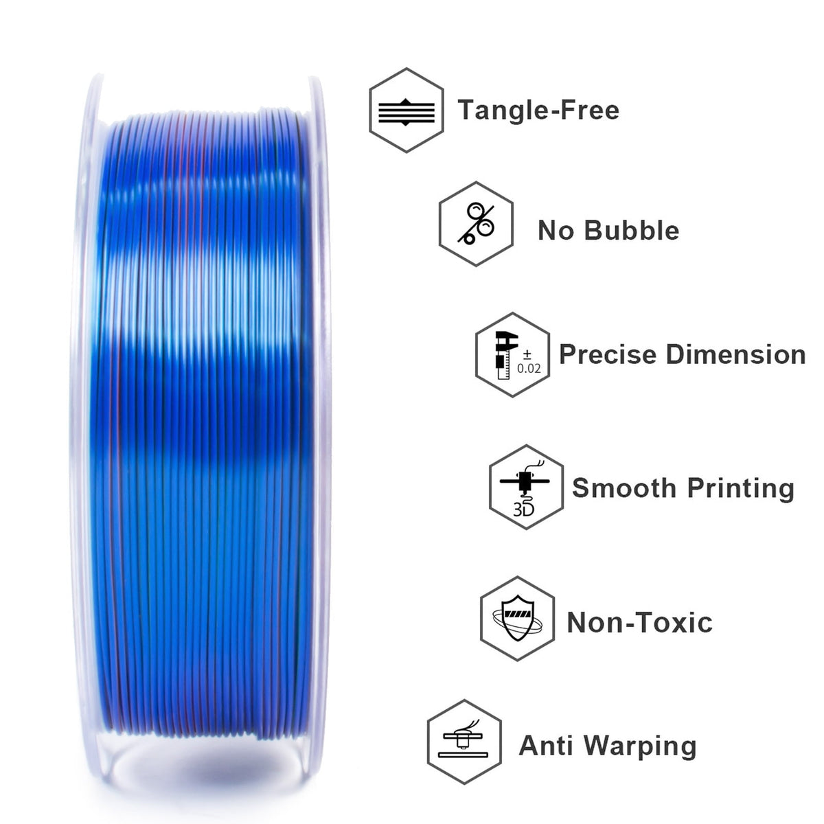 Geeetech Anti-silk type 3D Printer PLA Filament 1kg Toughness Enhanced Filament with 1.75mm Dimensional Accuracy +/-0.03mm, 1080 Feet per Roll, Vacuum Packaging Three-color blue, purple and black