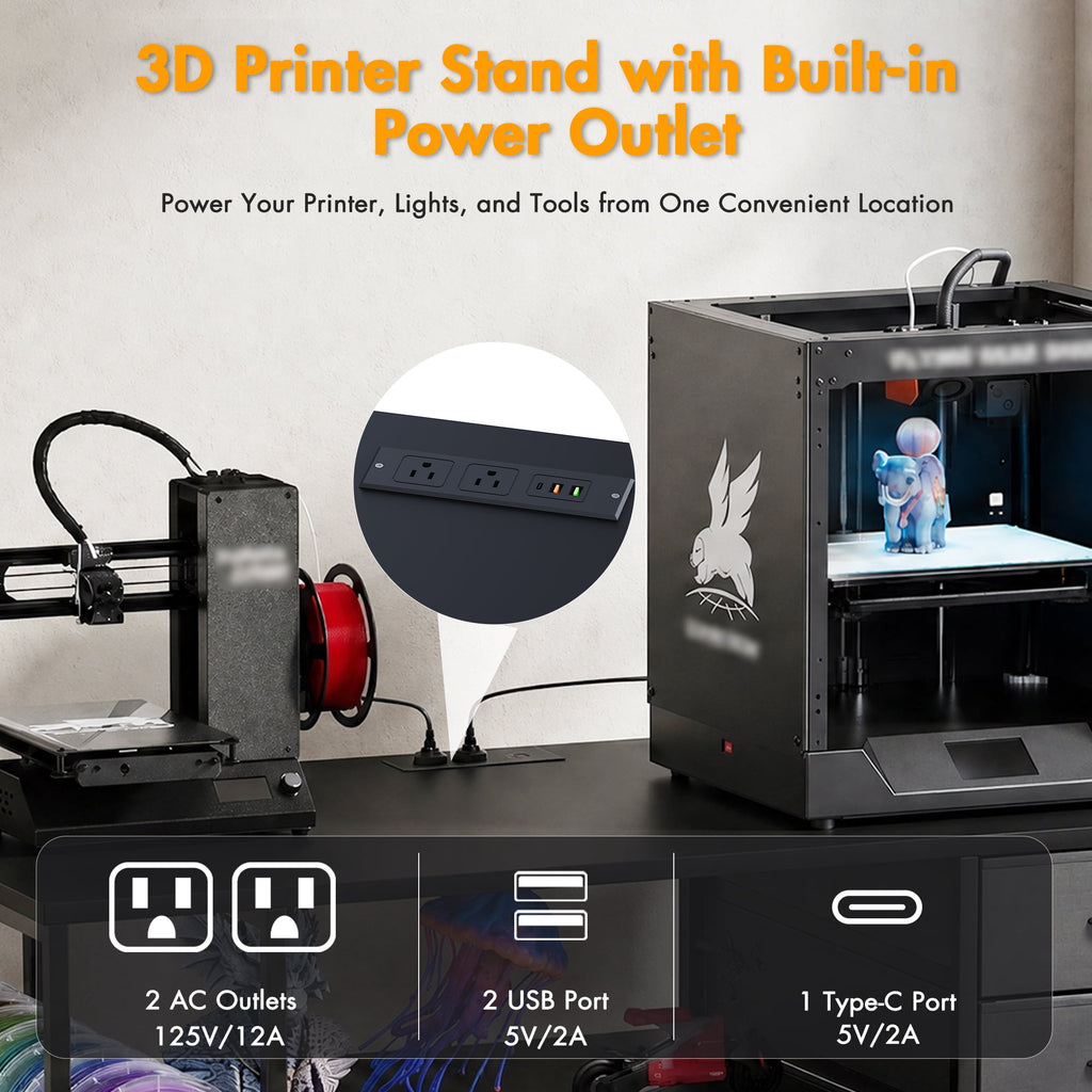 Advwin 47" Heavy Duty 3D Printer Stand with Power Outlet, Pull-Out Rolling Filament Storage Rack, 2 Fabric Drawers & Open Shelves, 3D Printer Table Workstation for Home Office Studio, Black