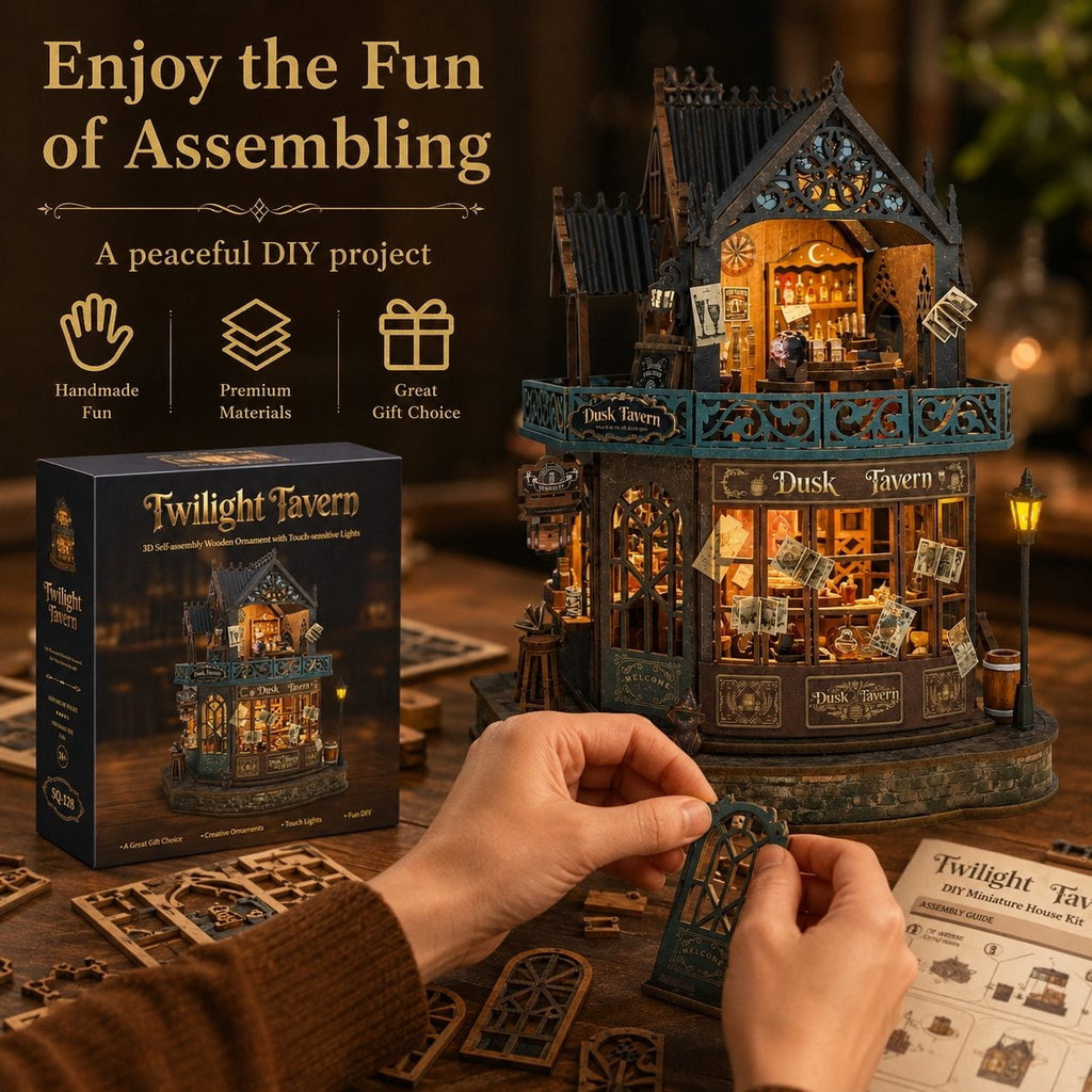 Twilight Tavern DIY Miniature House Kit – Wooden 3D Puzzle with LED Lights, Creative Building Model & Relaxing Craft Gift