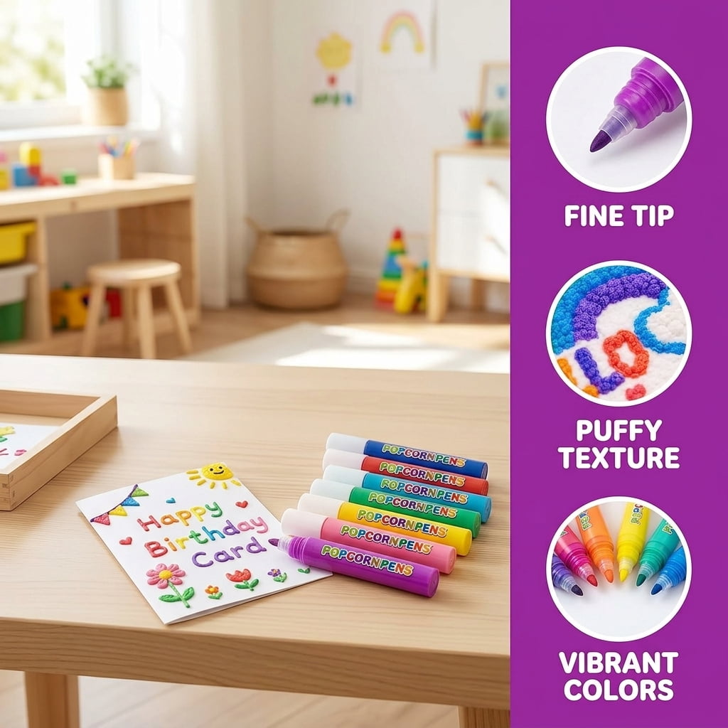 "Popcorn" 3D Puffy Pens (Pack of 6/12) — DIY 3D Bubble Art Markers with Heat-Activated Puffy Ink; Perfect for Greeting Cards, Doodling, and Crafts — A Fun Gift