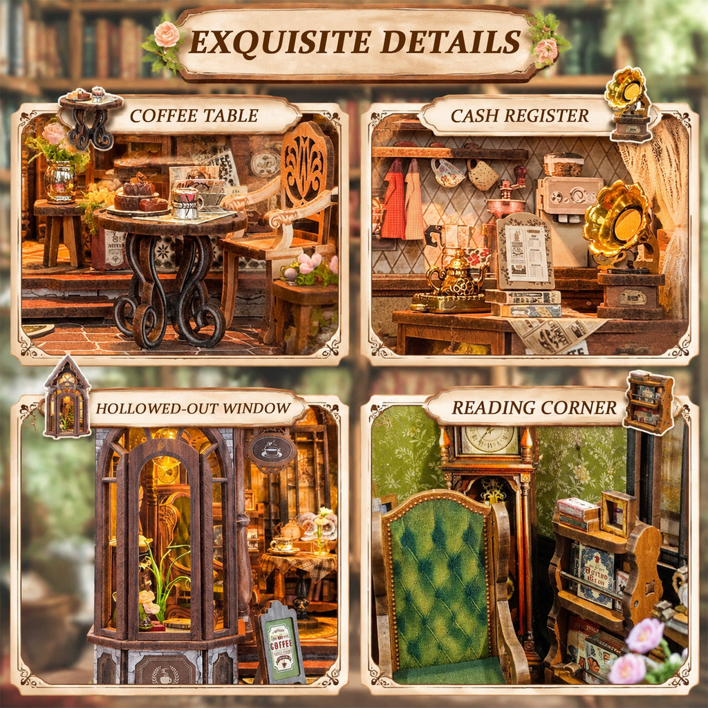 MOJINO Book Nook Kit for Adults, Floral Mark Cafe DIY Miniature House Kit with LED Light, 3D Wooden Puzzle Bookshelf Decor Craft Kit, 368 Pieces
