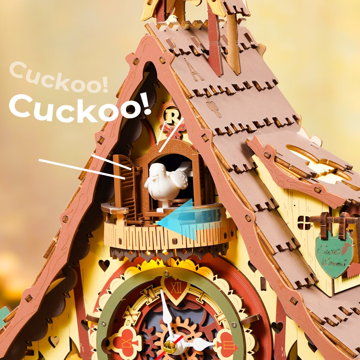 ROKR Cuckoo Clock 3D Wooden Puzzle Kit, Mechanical Clock Model with Moving Pendulum and LED Light, Colorful DIY Craft Decor Xmas Gift Toy for Adults