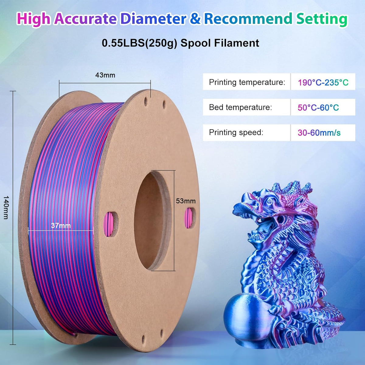 Multicolor 3D Printer Filament,Dual/Tri Color 1.75mm PLA Silk Shiny Printing Filament,250g(0.55lbs) Fit Most FDM 3D Printer
