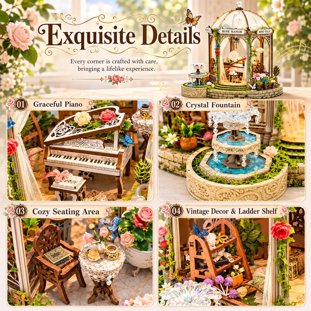 MOJINO Wooden DIY Miniature House Kit with LED Lights, Book Nook Kit for Adults, 3D Wooden Puzzle Miniature House Kit, Romantic Garden Style, Pre-Cut Craft Model Gift for Ages 14+