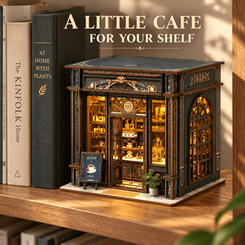 MOJINO Book Nook Kit for Adults, Green Crystal Cafe DIY Miniature House Kit, 3D Wooden Puzzle with LED Light, Christmas & New Year Gift for Book Lovers