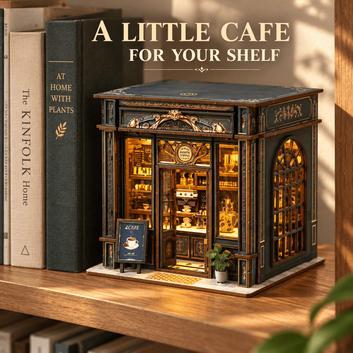 MOJINO Book Nook Kit for Adults, Green Crystal Cafe DIY Miniature House Kit, 3D Wooden Puzzle with LED Light, Christmas & New Year Gift for Book Lovers