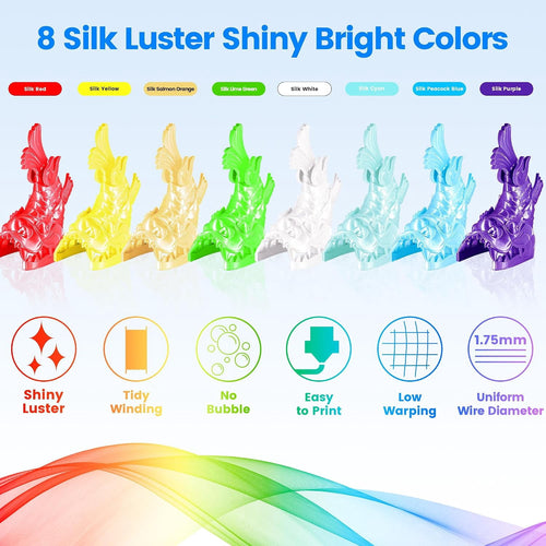 1.75mm 3D Printer Silk Shiny PLA Filament 8 Spools Bundle, Silk Luster Red Orange Yellow Green Cyan Blue Purple White 8 Most Popular Shining Colors, 0.25kg/Spool, Total 2kg