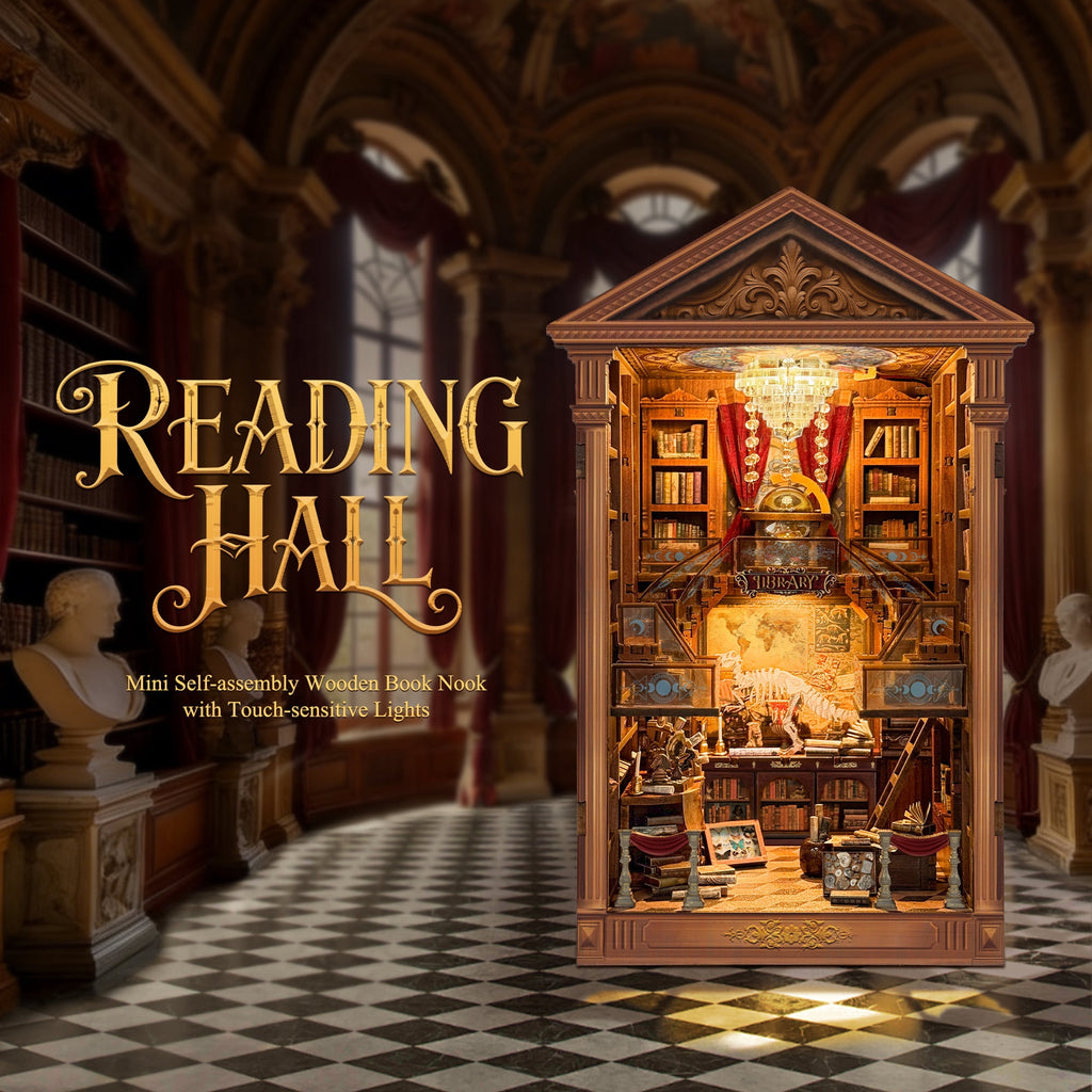 Strucwood Reading Hall DIY Wooden Book Nook Kit with Touch LED Lights,3D Miniature Vintage Library Puzzle Craft Gifts for Adults(SQ-111)