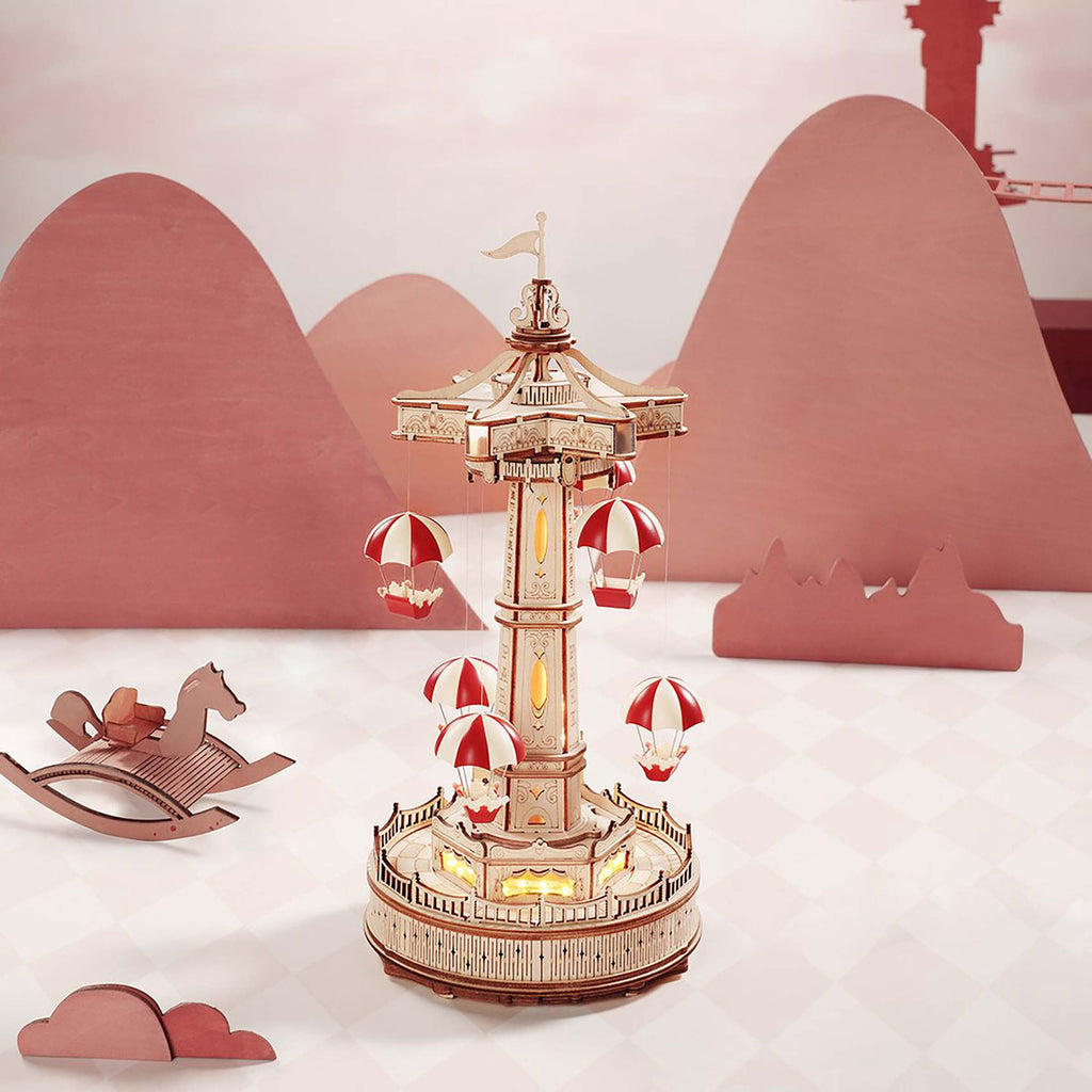 ROKR 184Pieces 3D Wooden Puzzle Parachute Tower DIY Music Box Gift for Birthday Children Adult