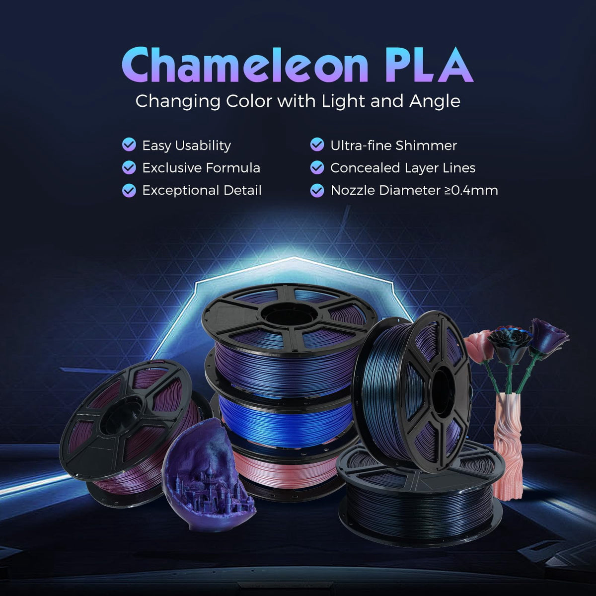 Flashforge PLA Filament 1.75mm,1KG/2.2lbs, Color Changeable PLA 3D Printer Filament, Upgraded Nebula Purple