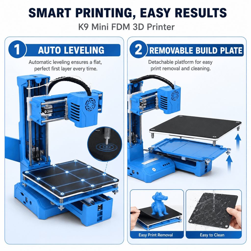 Fully Assembled Mini K9 3D Printer, High-Precision 3D Printing Machine with Automatic Leveling, Suitable for Beginners, Compact Blue 3D Printer for Hobbyists, blue, 1set