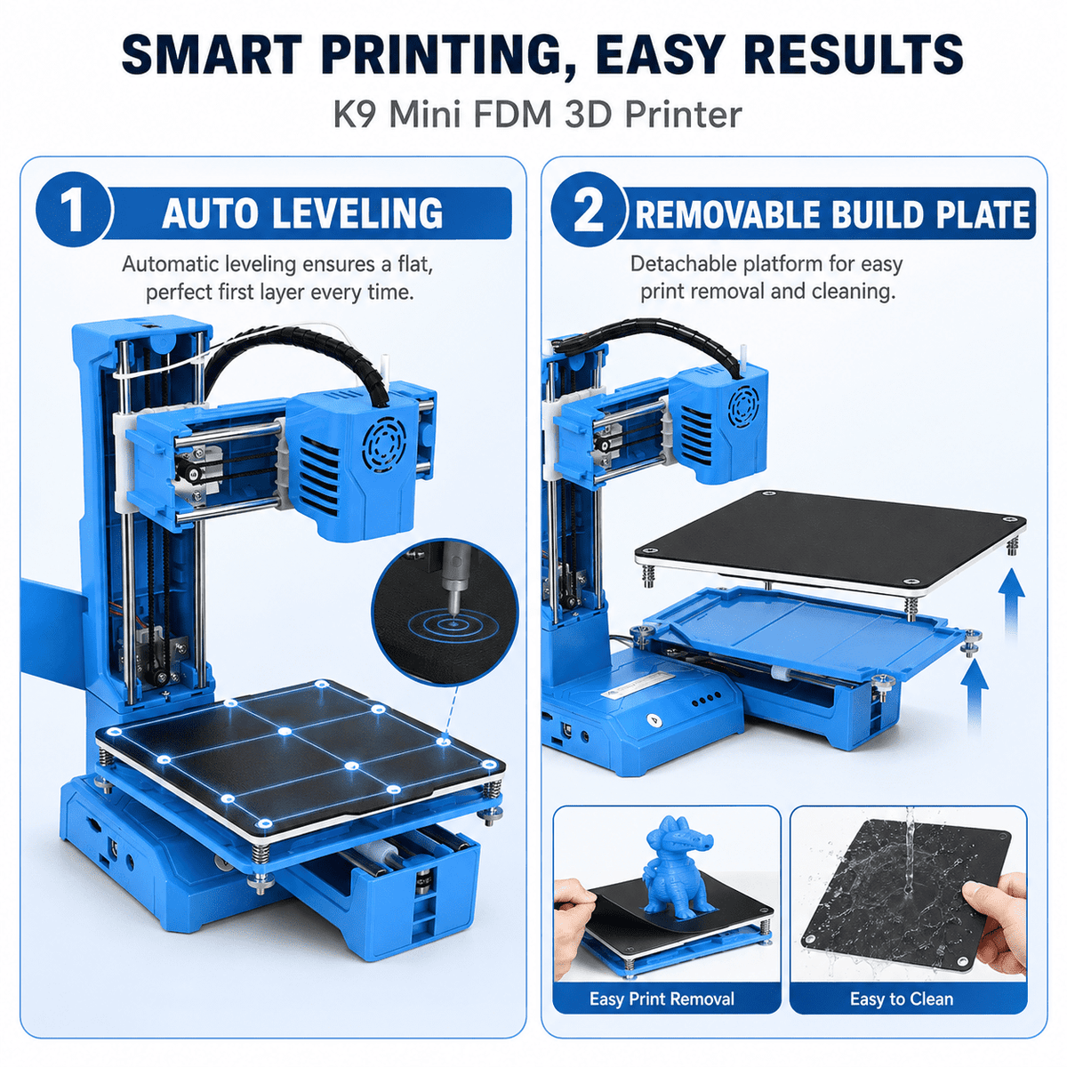Fully Assembled Mini K9 3D Printer, High-Precision 3D Printing Machine with Automatic Leveling, Suitable for Beginners, Compact Blue 3D Printer for Hobbyists, blue, 1set