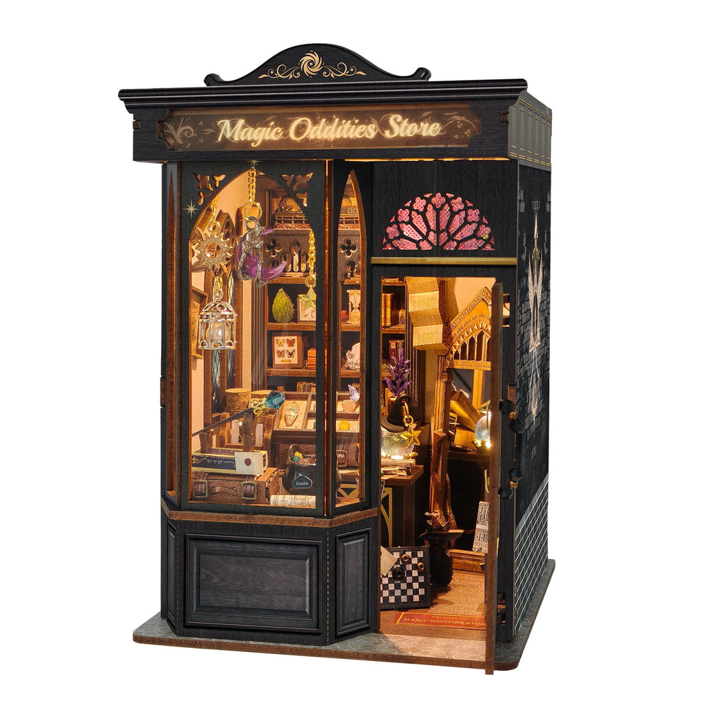 Strucwood Magic Oddities Store DIY Wooden Book Nook Kit with Touch LED Lights,3D Miniature Wizard Shop Puzzle Craft Gifts for Adults(SQ-109)