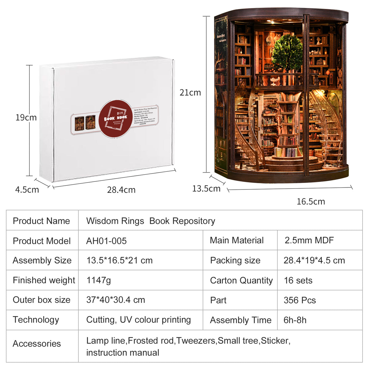 Structwood DIY Book Nook Kit Wisdom Rings Book Repository Wooden Puzzle 3D Miniature Doll House Model with Sensor LED Lights Gift for Adults(AH01-005)