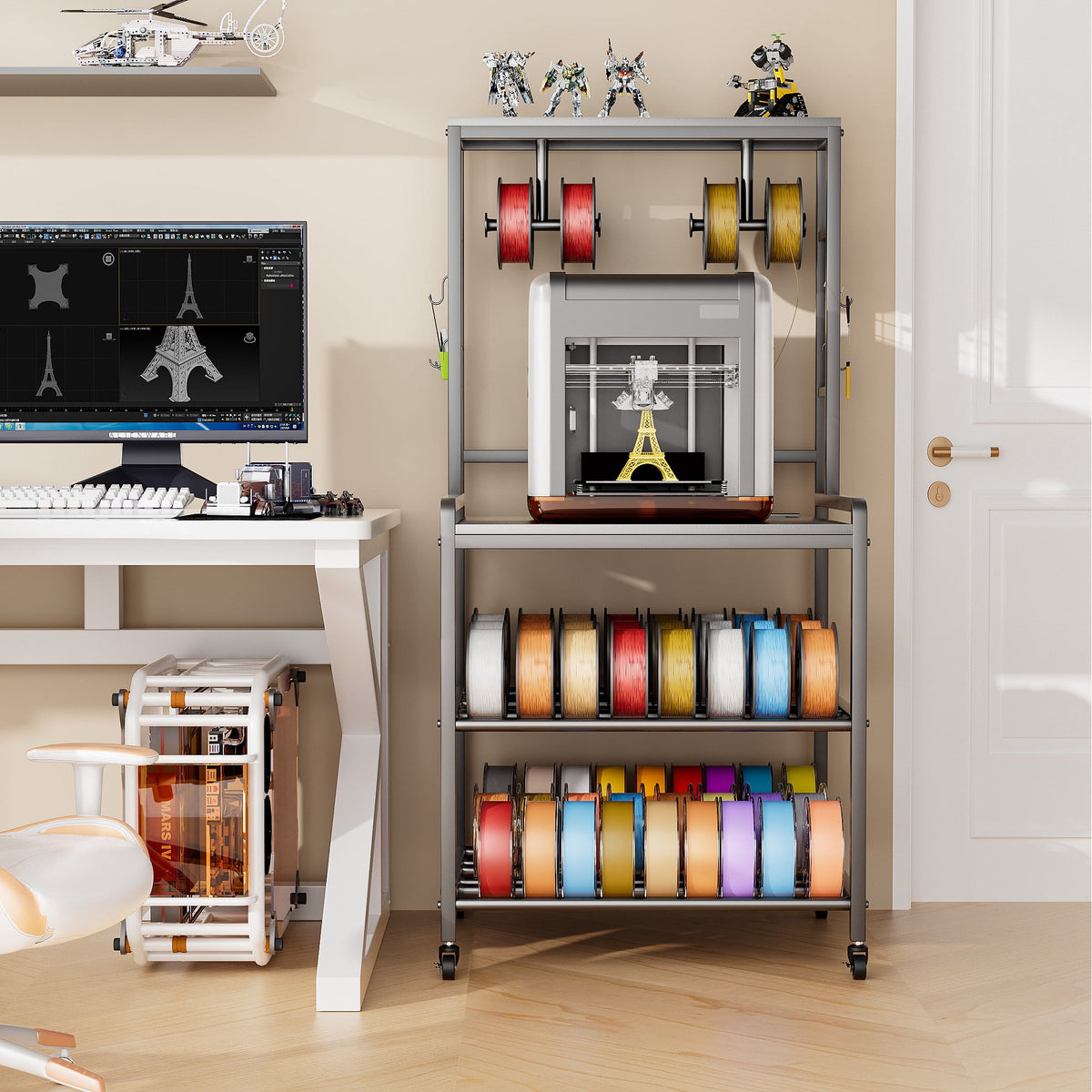 Heavy Duty 3D Printer Stand with Storage Shelf and Drawer, Industrial Rolling Printer Rack for 3D Printer Filament and Tools, Sturdy Metal Frame Printer Table for Home Office Workshop