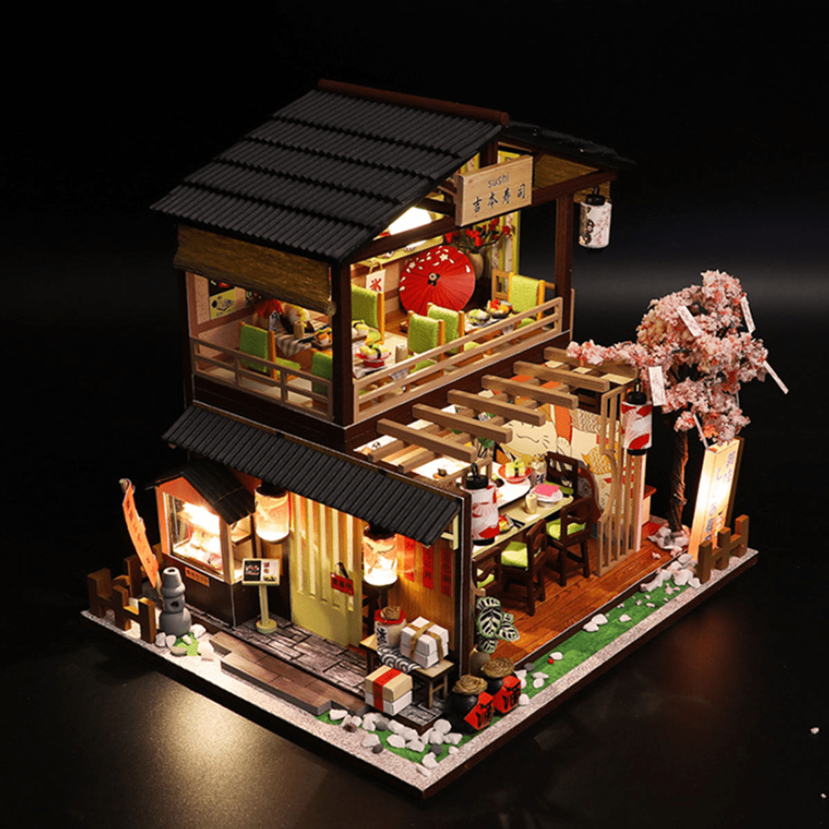 DIY Vintage Japanese Sushi Shop 3D Wooden Building Model Kit, 200+ PCS Miniature House Puzzle, Creative Handcrafted Display Gift for Adults