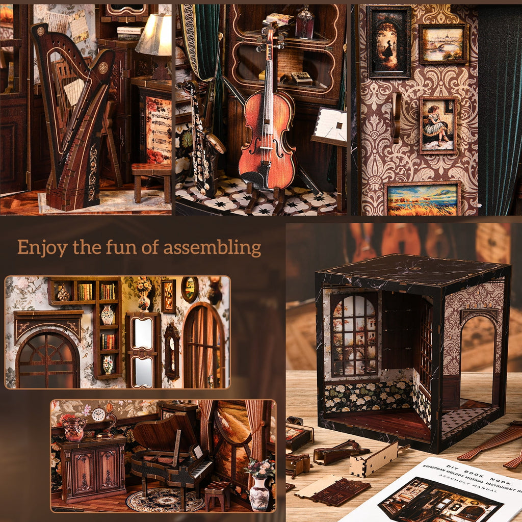 DIY Book Nook Kit with LED Light,Forest Tea Book Club Miniature House Bookshelf Insert Decor, 3D Wooden Puzzle Dollhouse Craft Kit for Adults Teens, Book Lover Gift