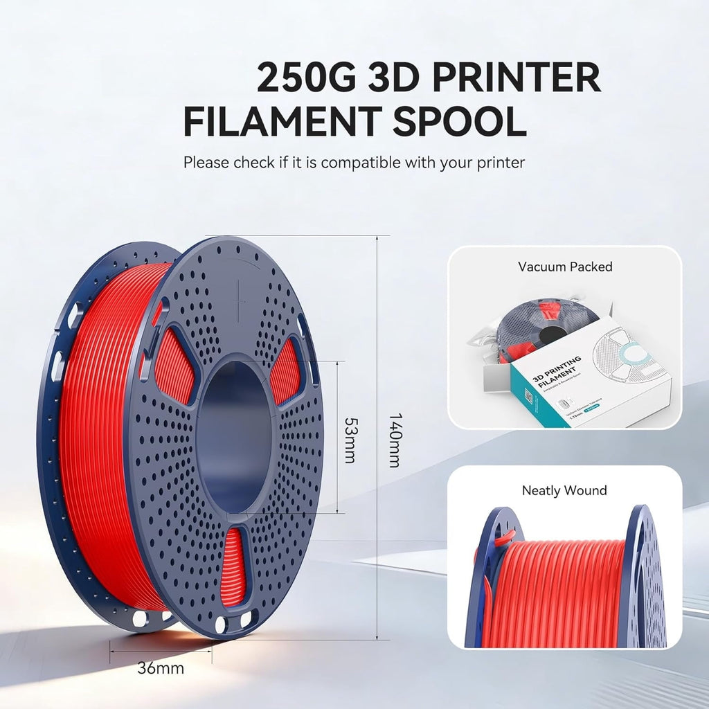 PLA 3D Printer Filament Bundle 8 Spools, 250g Each (2kg Total) 1.75mm Multicolor: Black, White, Grey, Red, Blue, Orange, Green, Transparent, Individually Vacuum Packed