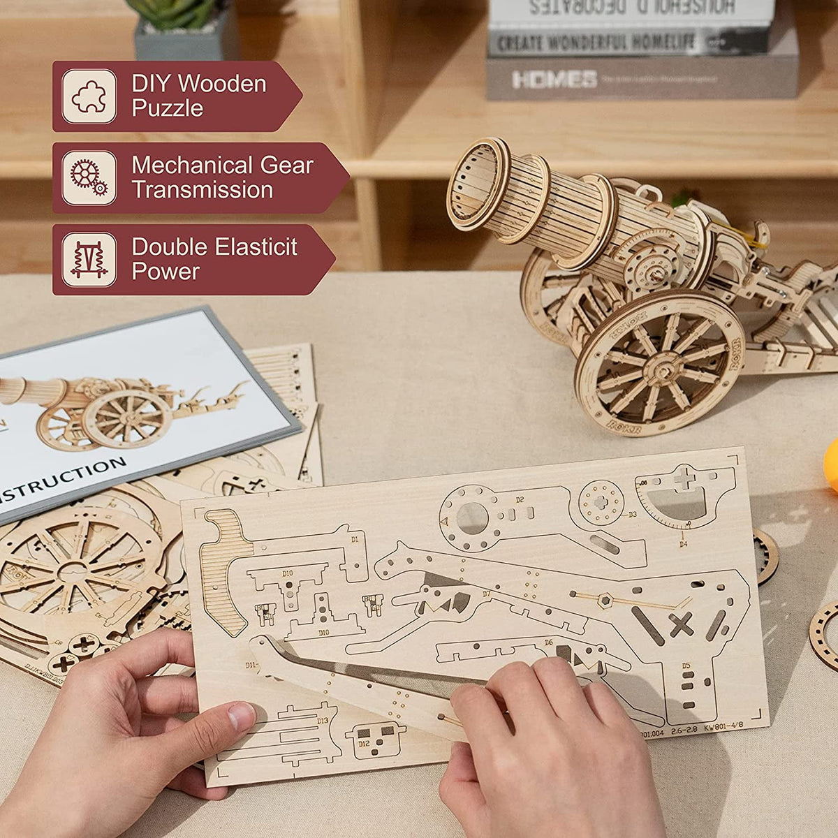 ROKR 3D Wooden Puzzle 158 Pieces Diy Model Toys Medieval Wheeled Cannon Brain Teaser Gift for Kids