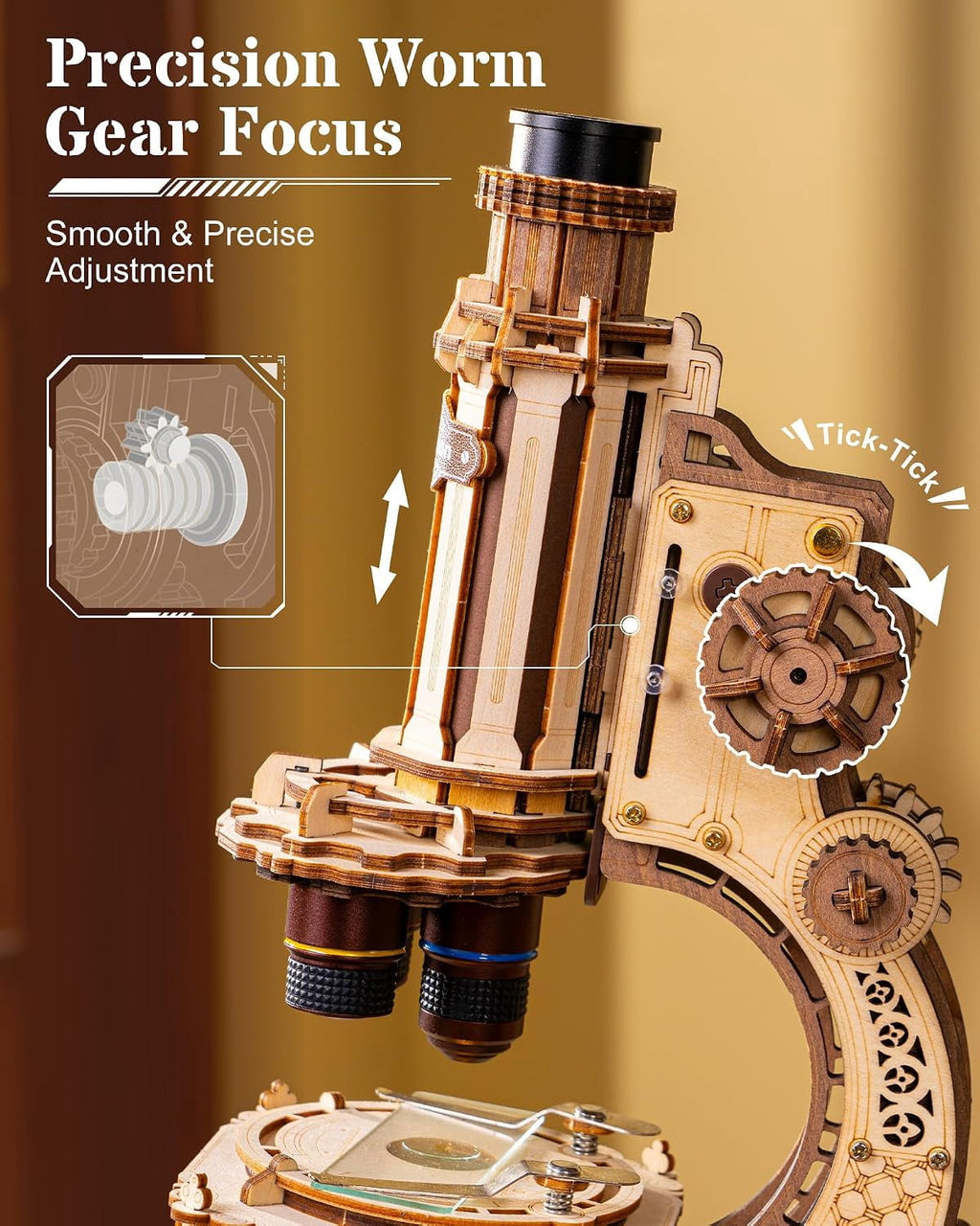 ROKR Functional Wooden Microscope 3D Puzzle Kit, 260-Piece Mechanical Model with 40X, 100X and 400X Magnification, LED Light and Adjustable Focus for Ages 14+