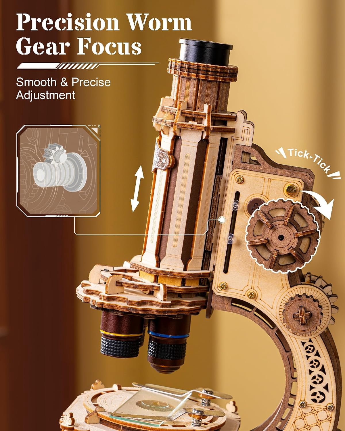 ROKR Functional Wooden Microscope 3D Puzzle Kit, 260-Piece Mechanical Model with 40X, 100X and 400X Magnification, LED Light and Adjustable Focus for Ages 14+