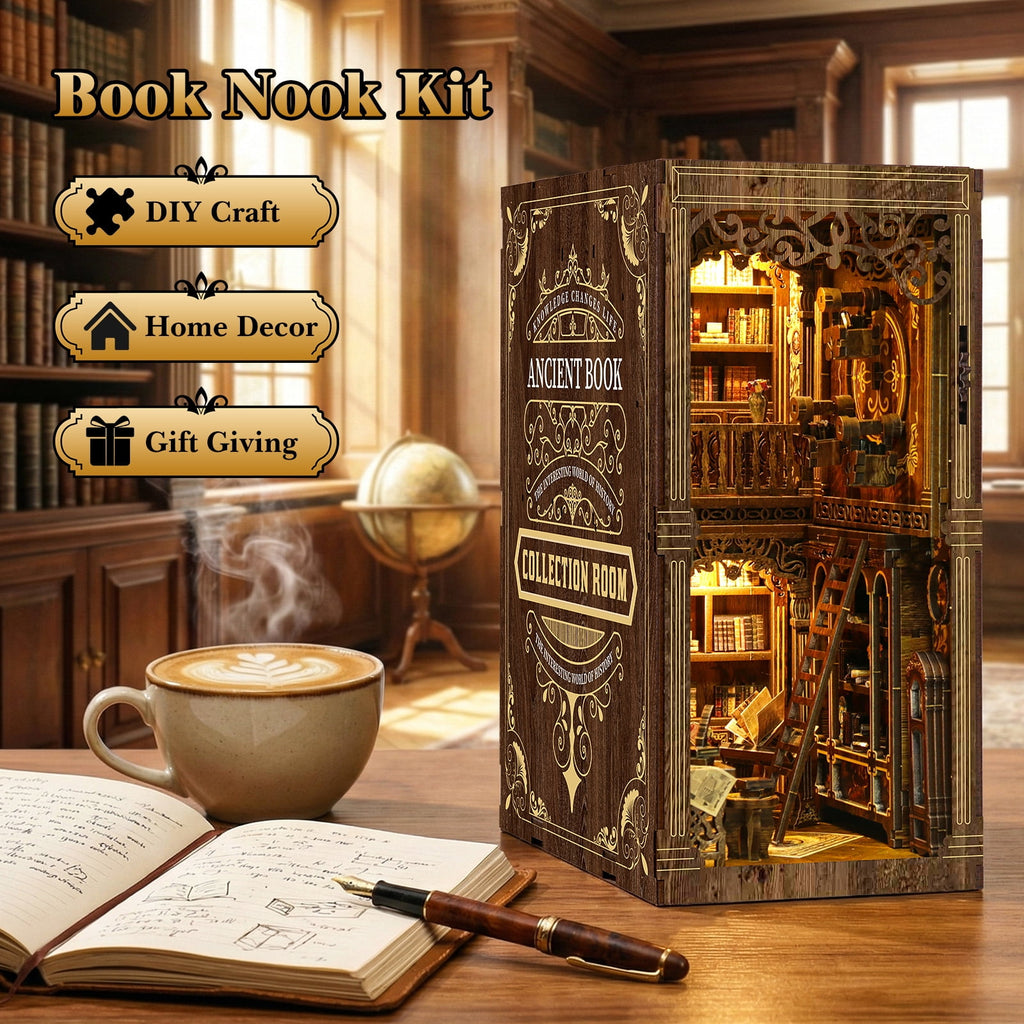 Book Nook Kit for Adults, 3D Wooden Puzzle with LED Light, Ancient Book Collection Model Bookshelf Decor, DIY Miniature MDF Bookshelf Craft Decor