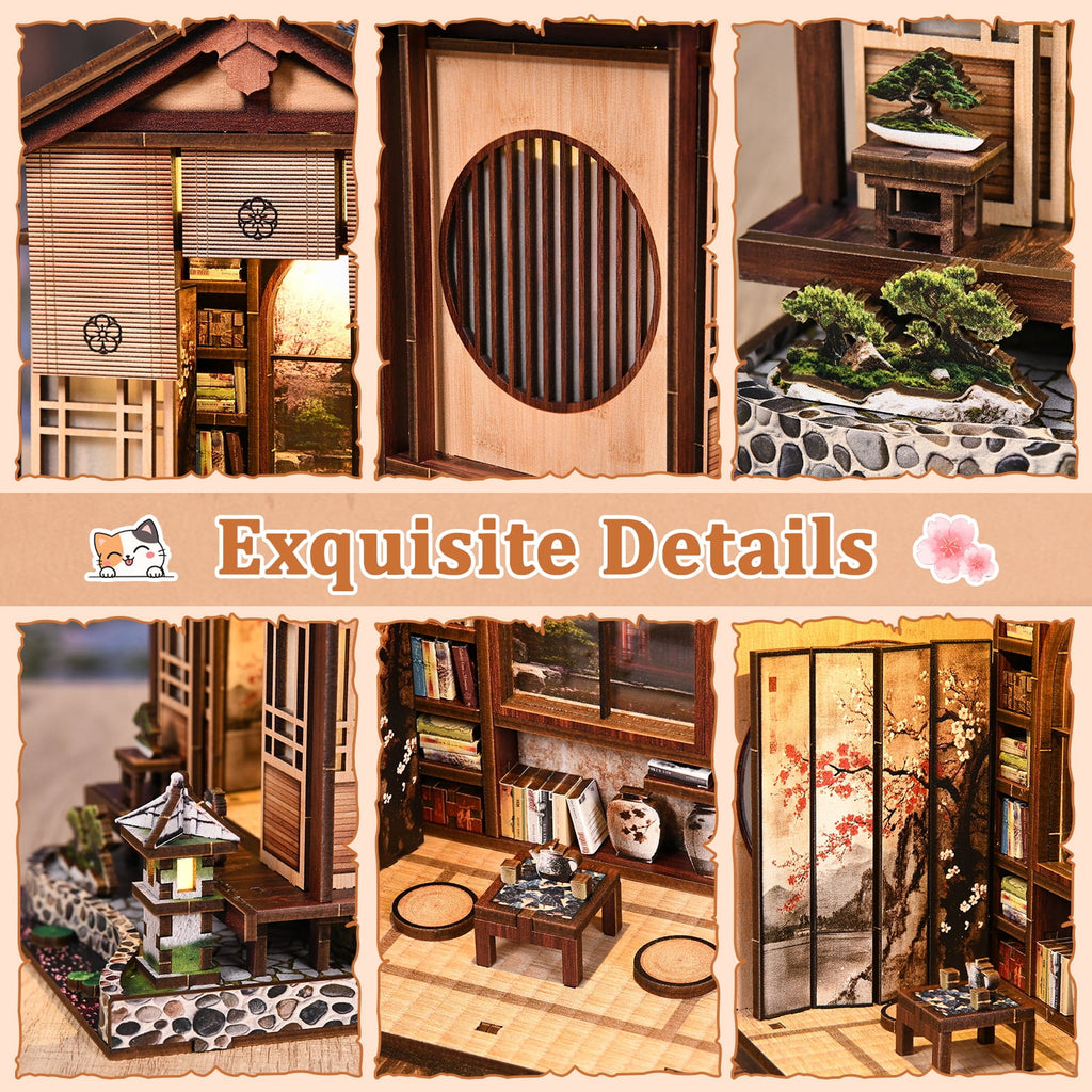 Strucwood DIY Book Nook Kit Japan Lantern Harmony Garden Wooden Puzzles with LED Dust Cover,3D Crafts Hobbies Gifts for Adults（AM01-005）