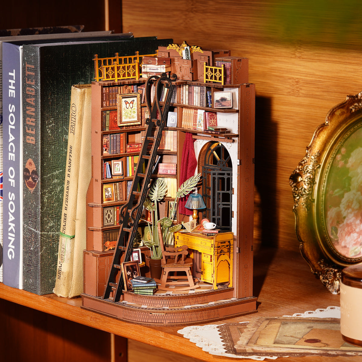 Robotime 3D Puzzle Book Nook Kit, Diy Wooden Miniature House with LED Light, Silent Corner Study