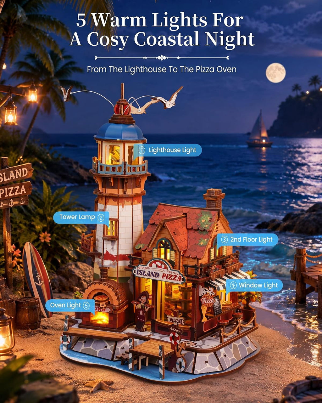 ROKR Chillbay Pizzeria DIY Music Box, Mechanical 3D Wooden Puzzle with Rotating Parts and LED Lights, Pizza Shop Model for Adults