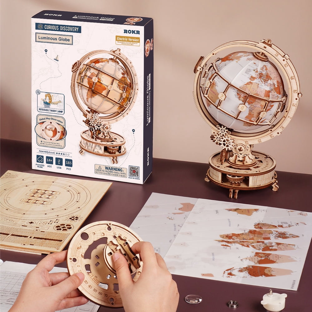 ROKR Luminous Globe 3D Wooden Puzzle for Adults, Electric Rotating Illuminated Globe with Stand, 180-Piece DIY Model Building Kit with LED Light, Home Office Desk Decor Birthday Gift