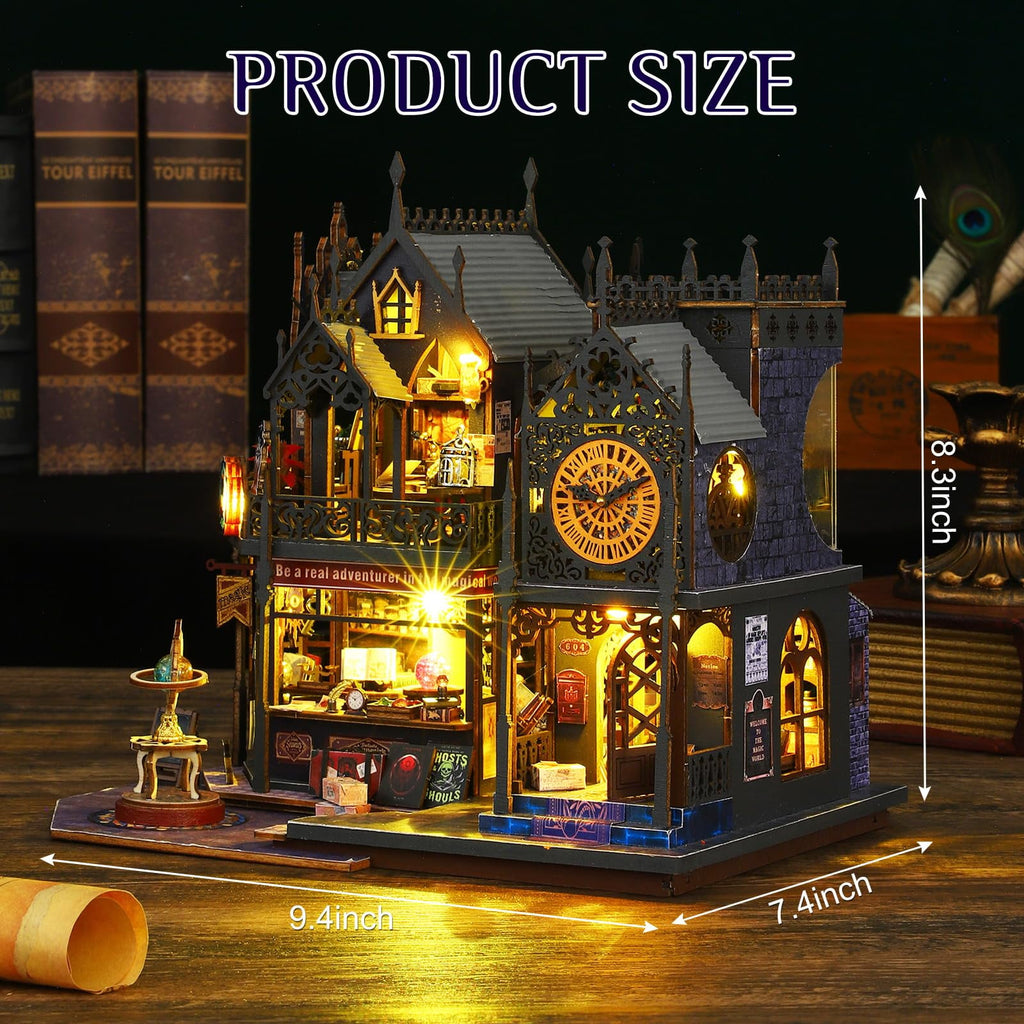 MOJINO Magic Book Nook Kit for Adults, DIY Miniature House Kit with LED Light, 3D Wooden Puzzle, Christmas Bookshelf Decor, Birthday Gift for Book Lovers
