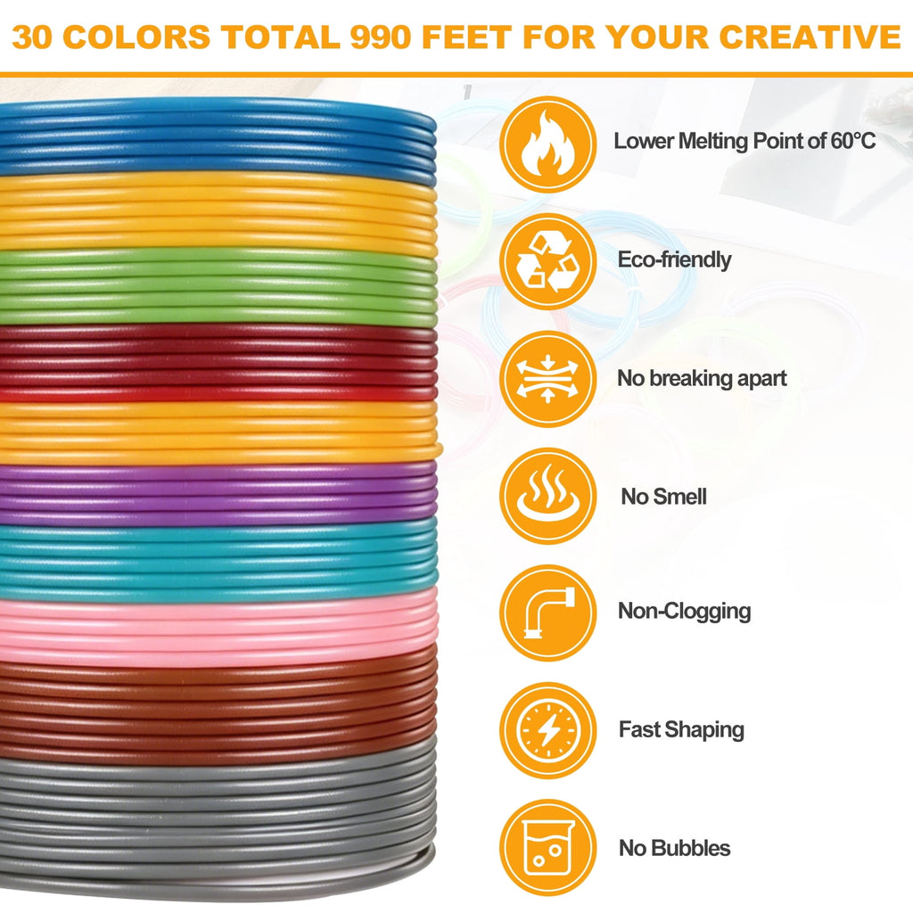 Uxcell 30 Colors 3D Pen Filament, 1.75mm Each 33FT, Total 990FT PCL Filament Refills Low Printing Temperature for 3D Drawing Pens