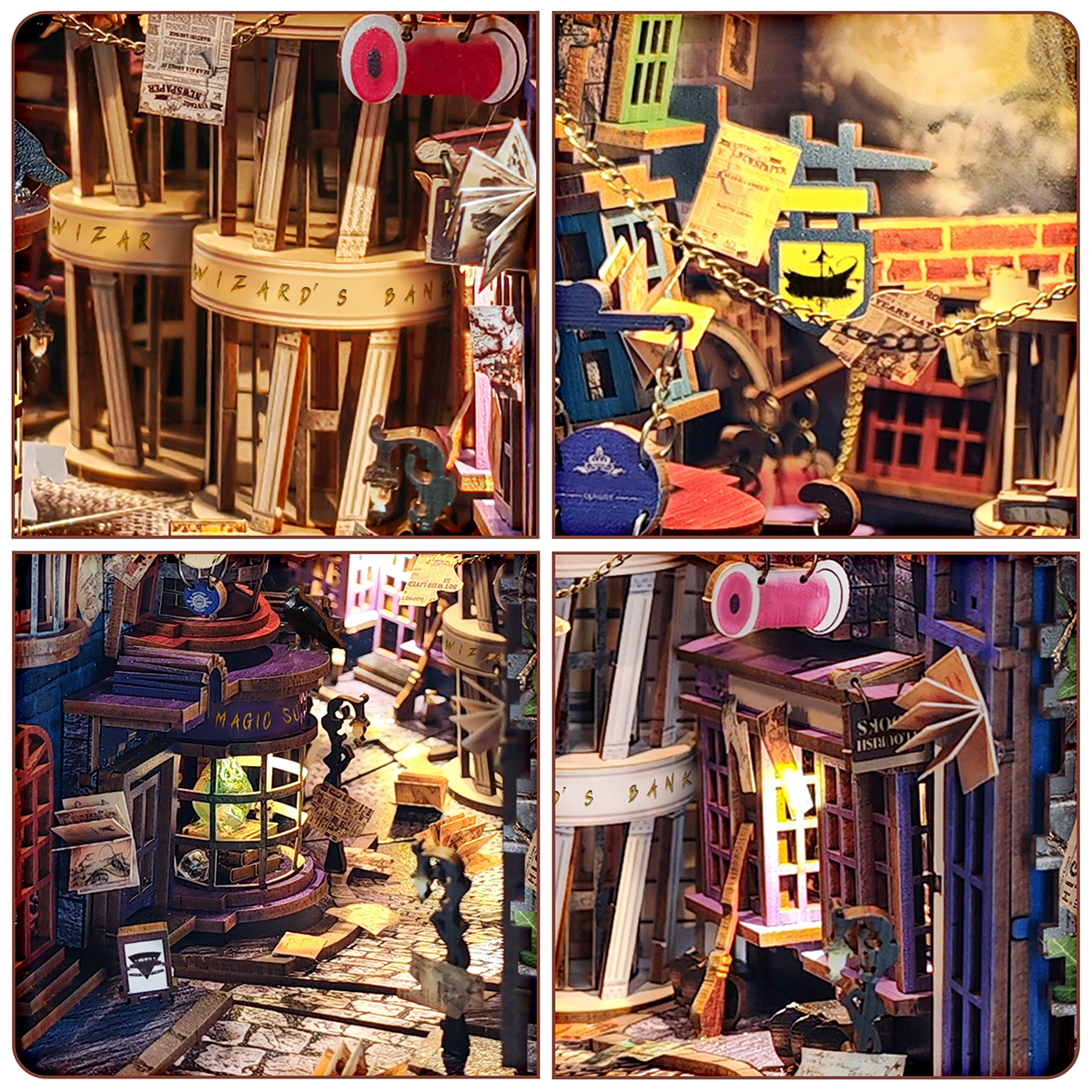 Strucwood DIY Book Nook Kit Magic Night Alley Wooden Puzzles with LED Dust Cover,3D Crafts Hobbies,Gifts for Adults(SQ-16)