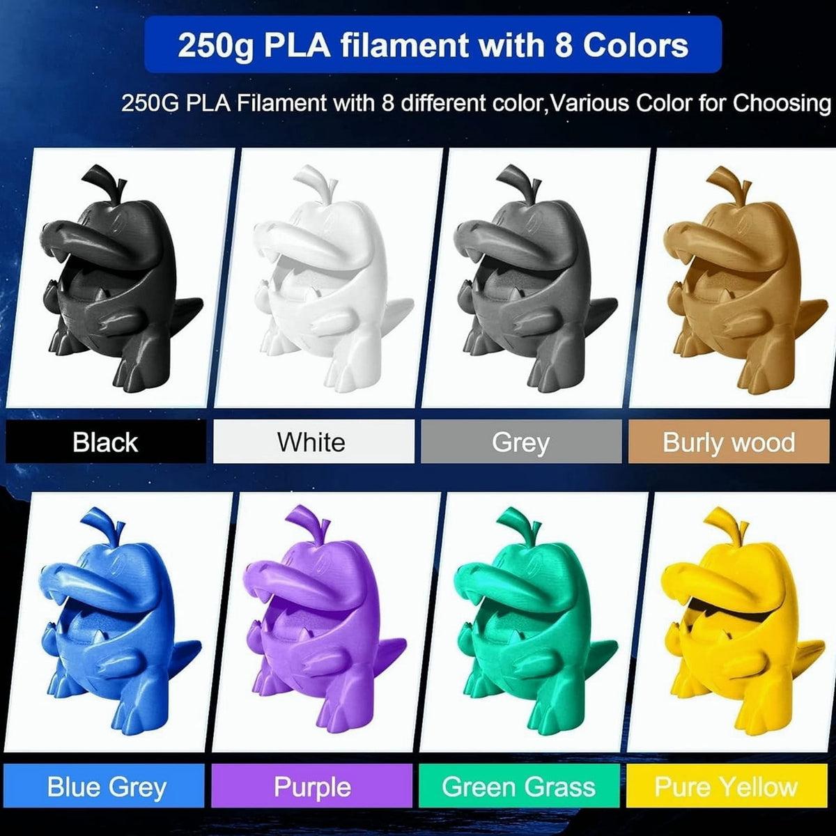 PLA 3D Printer Filament Bundle 8 Spools 250g Each 2kg Total 1.75mm Multicolor Black White Grey Red Blue Orange Green Transparent, 3D Printing Filament Refill, FDM 3D Printer Filament, 3D Pen
