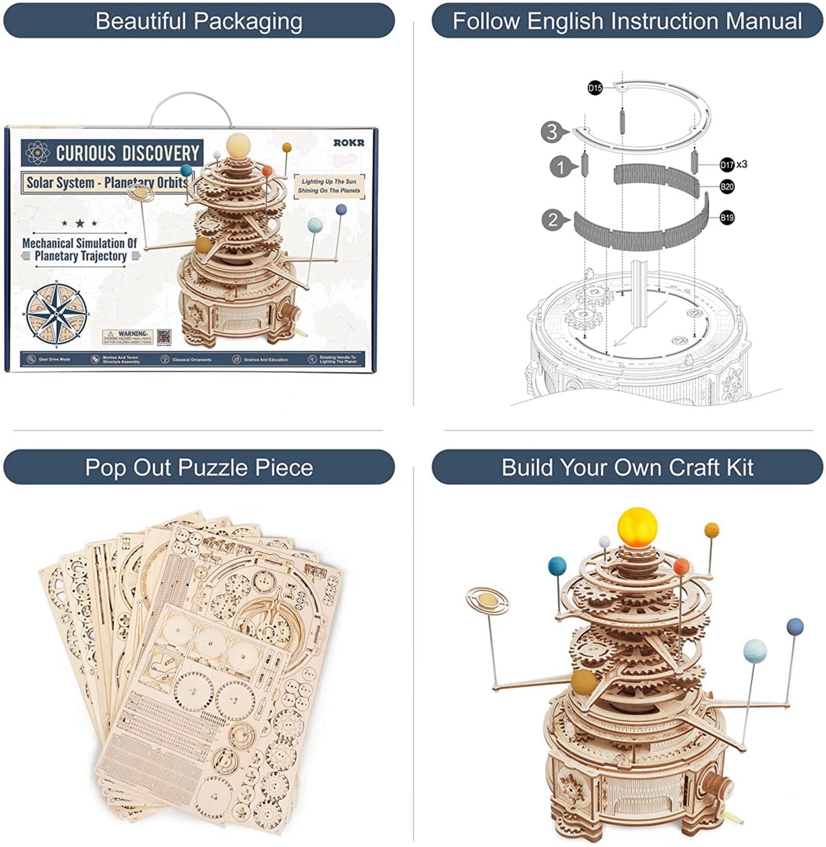ROKR 316 Pieces 3D Wooden Puzzle Orrery Solar System Model Kit Crafts Desk Decor Gift for Adults Teens