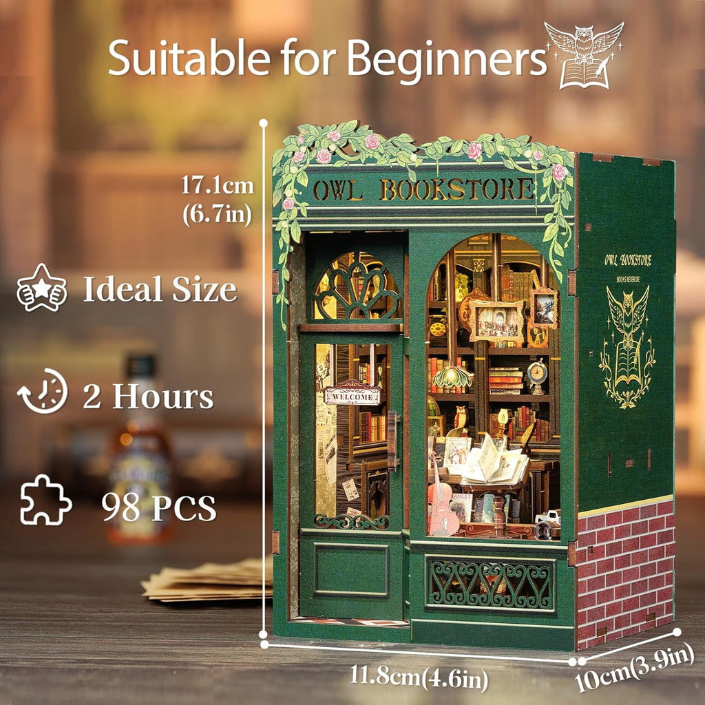 Book Nook Kit, 3D Wooden Mini Book House Puzzle, Handmade DIY Owl Bookstore, Miniature Landscape Bookend