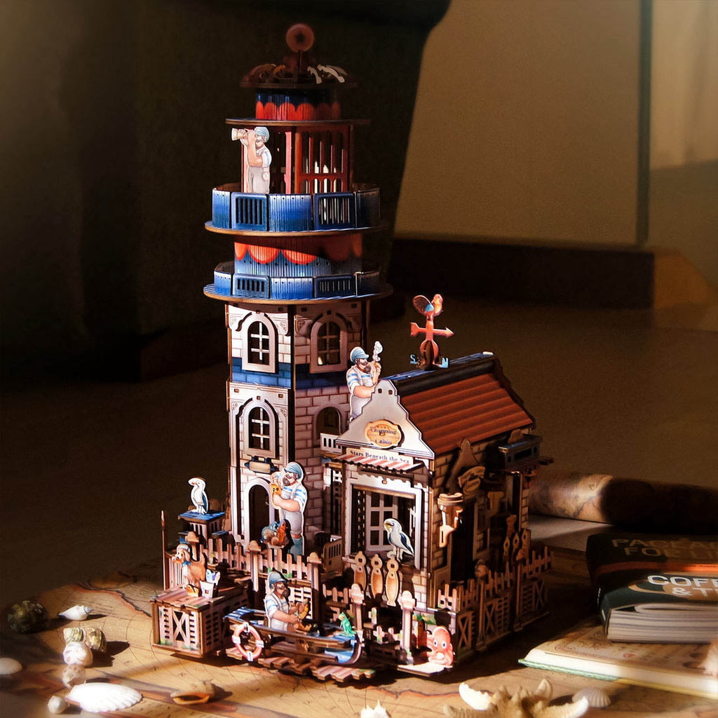 3D Wooden Puzzle Seaside Lighthouse Cabin Coastal Village Desk, 360 PCS, DIY Assembly Miniature Building Model Kit For Home Decor, Shelf Display And Creative Gifts