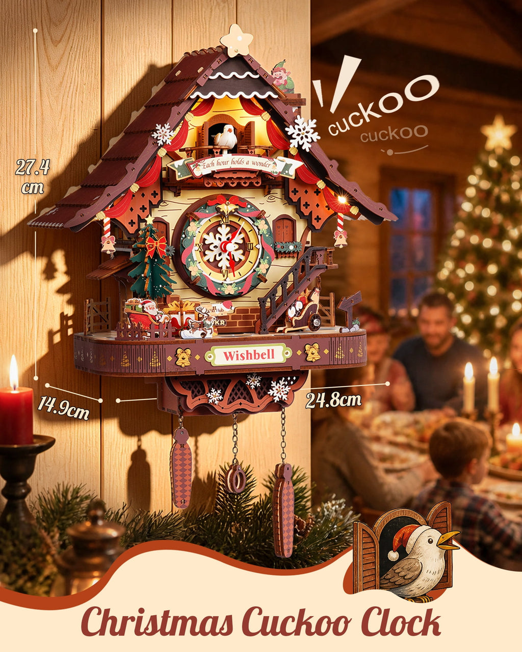 ROKR Christmas Cuckoo Clock, Wooden 3D Puzzle Mechanical Model Kit with LED Light and Moving Parts, Holiday Home Decor Display Xmas Gift for Adults