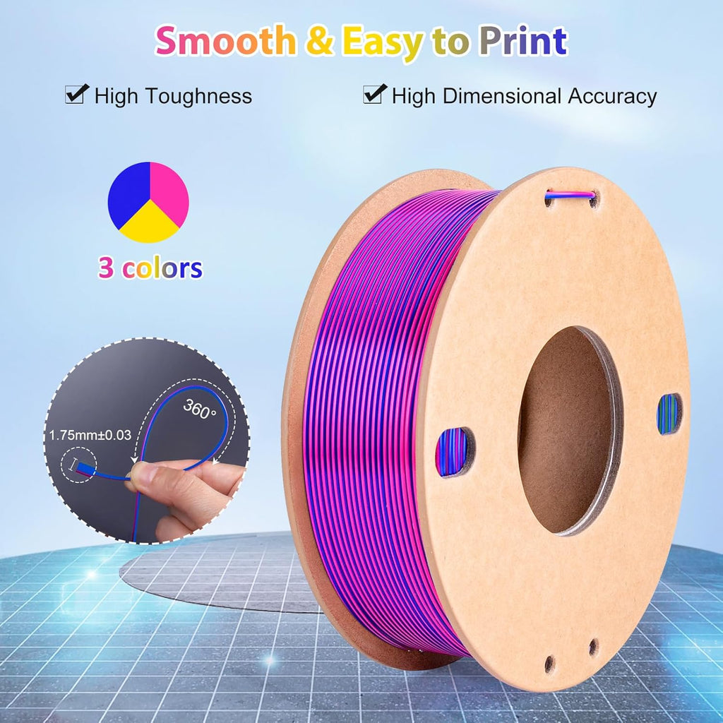 Multicolor 3D Printer Filament,Dual/Tri Color 1.75mm PLA Silk Shiny Printing Filament,250g(0.55lbs) Fit Most FDM 3D Printer