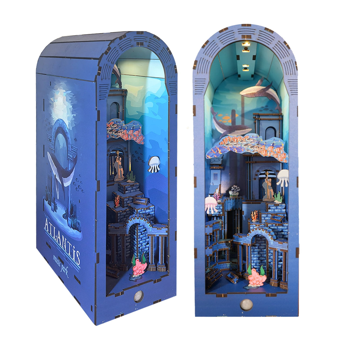 Book Nook 3D Wooden Puzzle for Adults DIY Atlantis Underwater City with Sensor Light Bookshelf Decor Birthday Christmas Gift