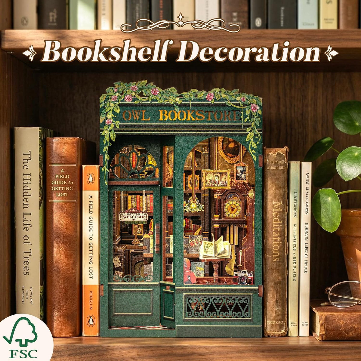 DIY Book Nook Kit, Owl Bookstore Miniature Dollhouse Bookend, Wooden 3D Puzzle Book Corner with LED Light, Handmade Mini House Model Kit for Bookshelf Decor, Gift for Adults & Teens