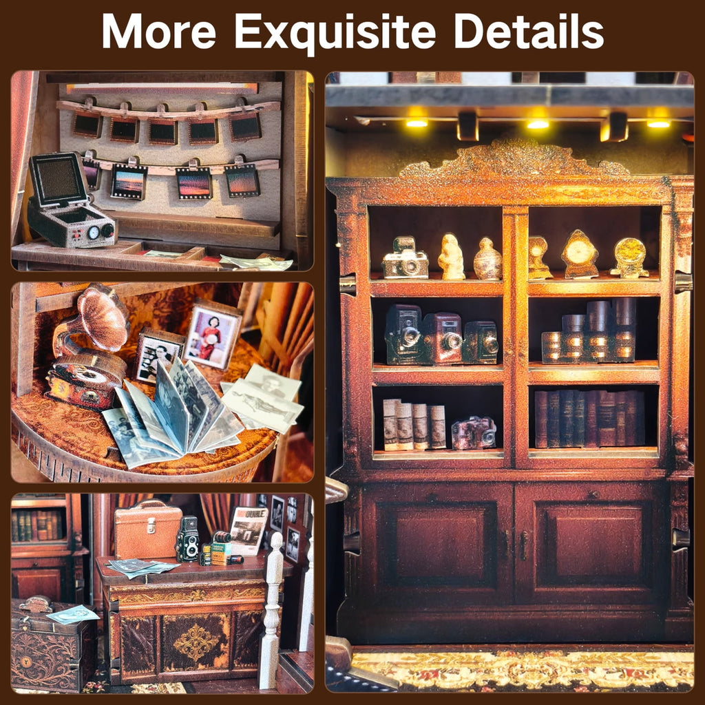 165 Piece Miniature 3D Wooden Puzzle, Vintage Photo Studio Model Kit with Touch LED Light, Desk and Shelf Display Decor, 9 Inch